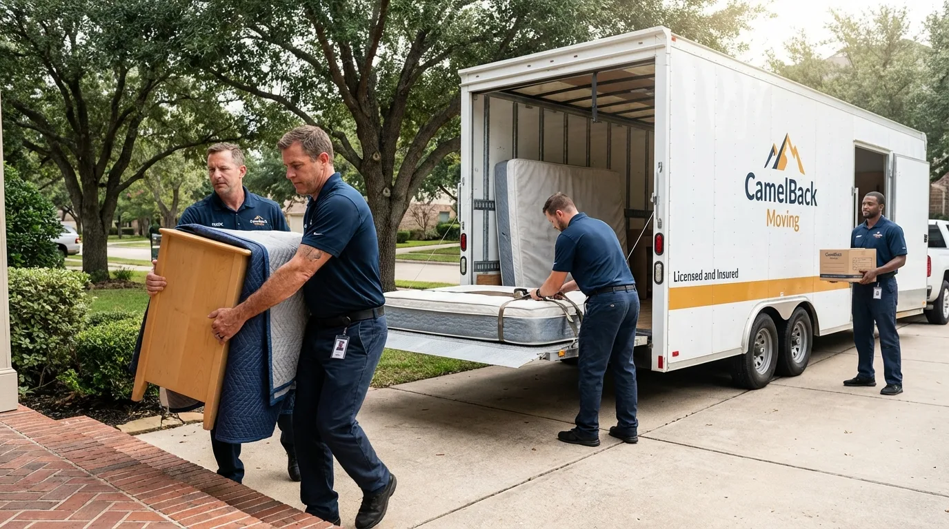 Crew loading residential truck for cross-state move from Ontario, CA