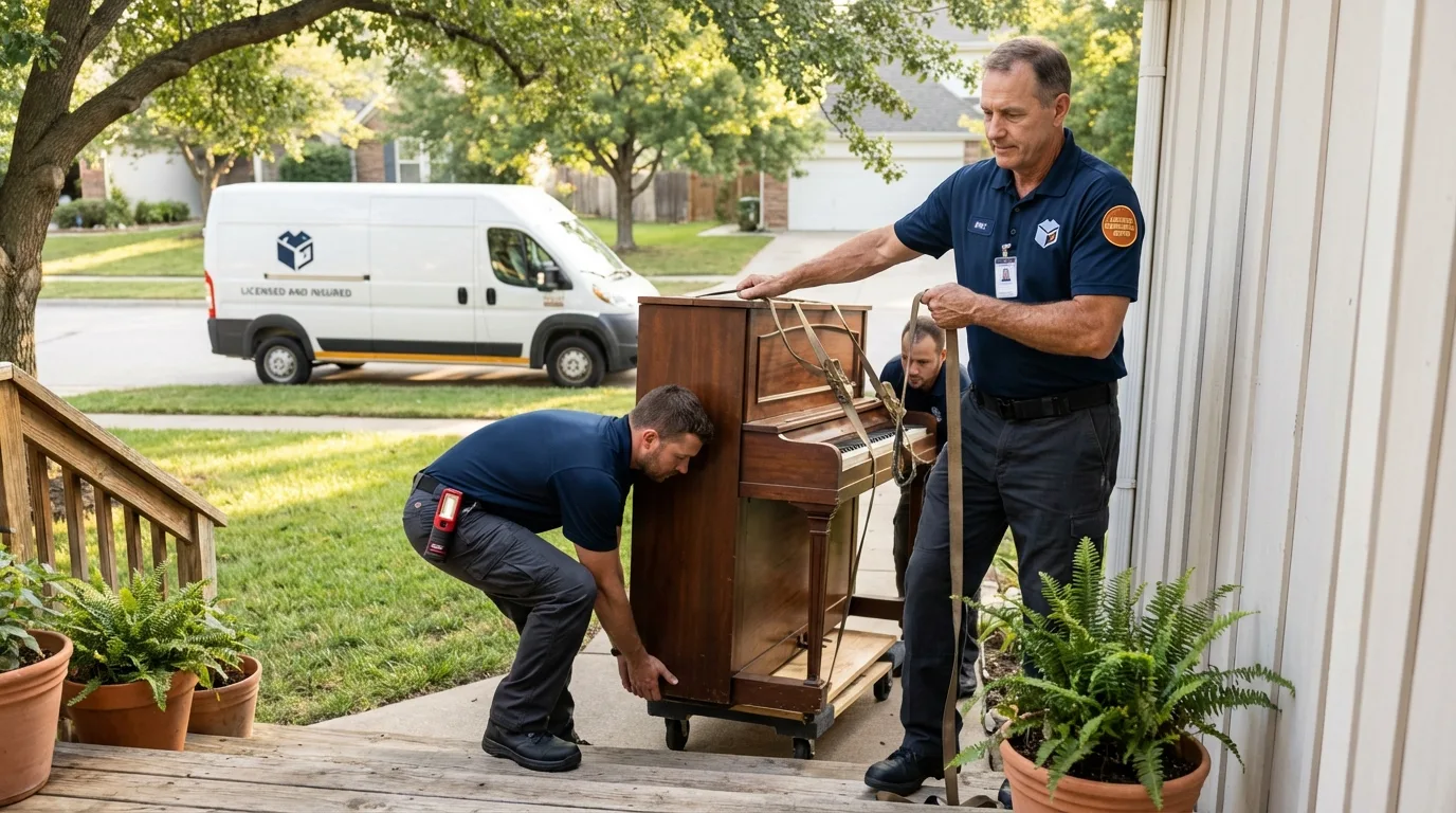 Licensed piano movers securing grand piano in Ontario, CA
