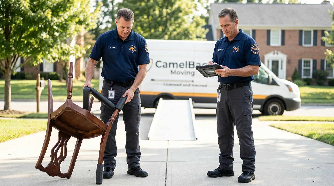 Movers inspecting furniture for damage prevention before loading in Ontario, CA