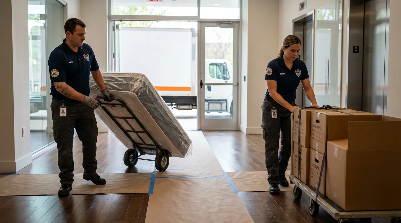 Professional apartment movers loading elevator in Ontario, CA
