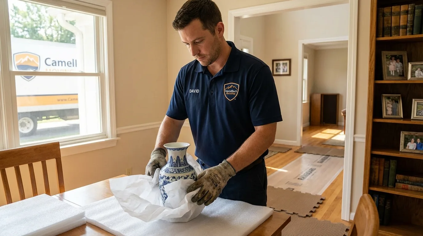 Professional crew carefully wrapping antique vase for senior downsizing move in Ontario, CA